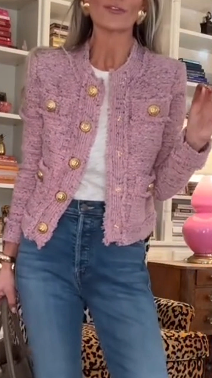 Veste femme col rond avec boucle et empiècements, style petit parfum