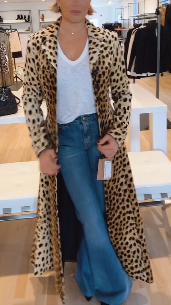 Manteau évasé décontracté à revers et imprimé léopard pour femme