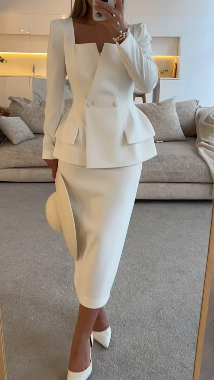 Ensemble décontracté jupe et haut à col carré, couleur unie, pour femme.