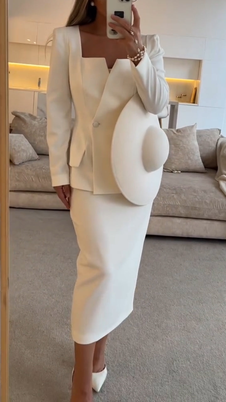 Ensemble décontracté jupe et haut à col carré, couleur unie, pour femme.