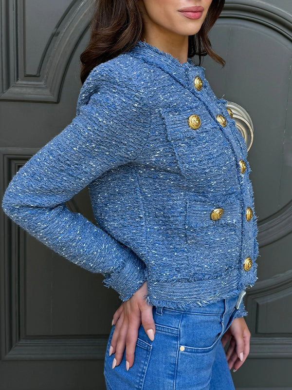 Veste décontractée ras du cou boutonnée pour femme, style petit parfum