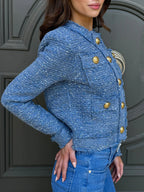 Veste décontractée ras du cou boutonnée pour femme, style petit parfum