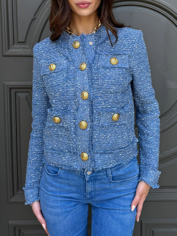 Veste décontractée ras du cou boutonnée pour femme, style petit parfum