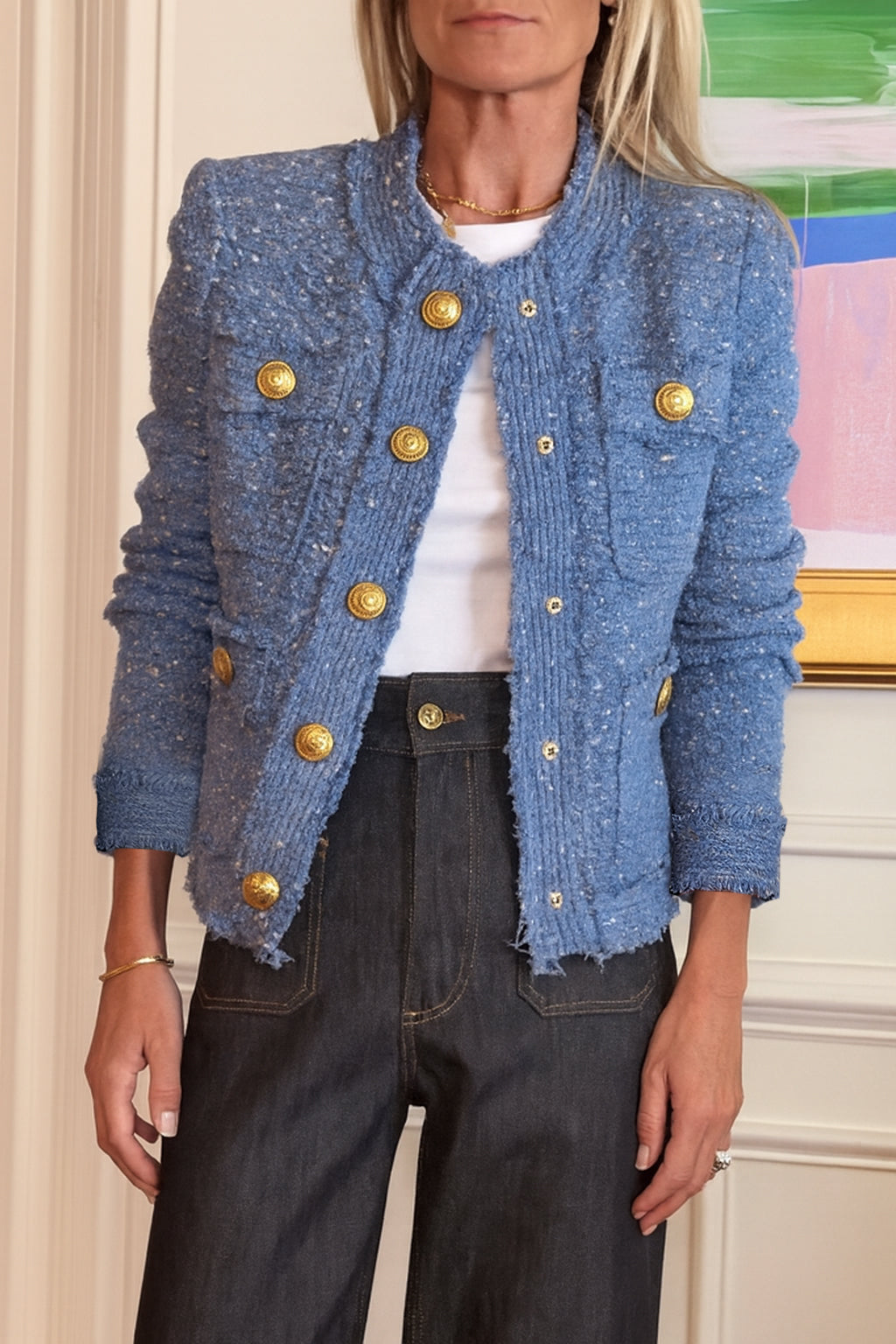 Veste décontractée ras du cou boutonnée pour femme, style petit parfum