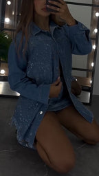 Veste en jean décontractée à revers et glands strass pour femme