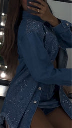 Veste en jean décontractée à revers et glands strass pour femme