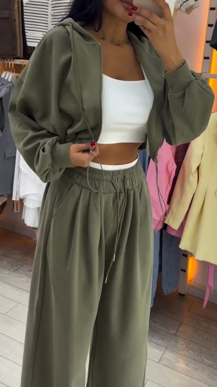 Ensemble décontracté pour femme, cardigan zippé à col rond et pantalon à cordon de serrage