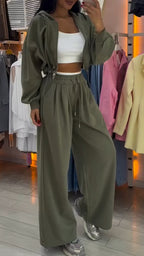 Ensemble décontracté pour femme, cardigan zippé à col rond et pantalon à cordon de serrage