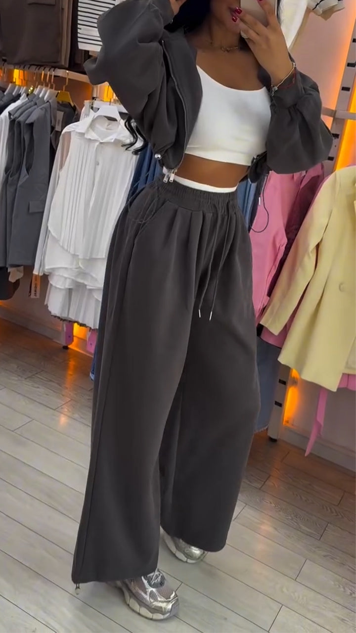Ensemble décontracté pour femme, cardigan zippé à col rond et pantalon à cordon de serrage