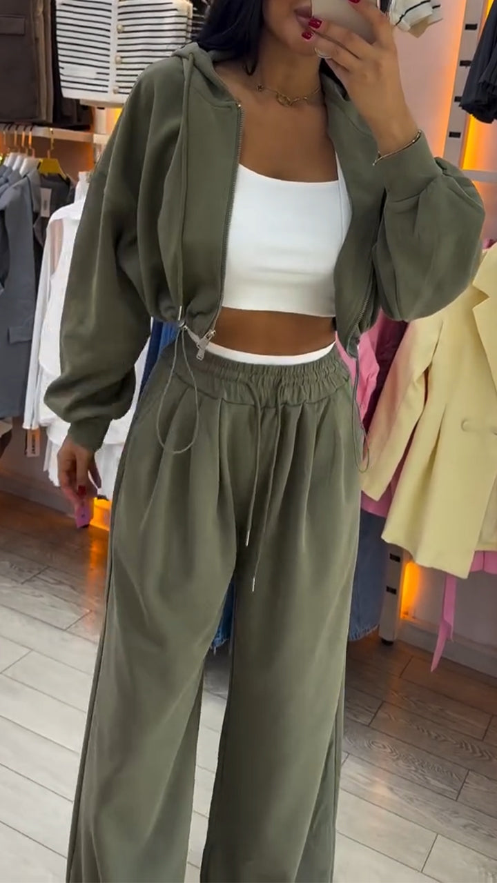Ensemble décontracté pour femme, cardigan zippé à col rond et pantalon à cordon de serrage