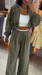 Ensemble décontracté pour femme, cardigan zippé à col rond et pantalon à cordon de serrage