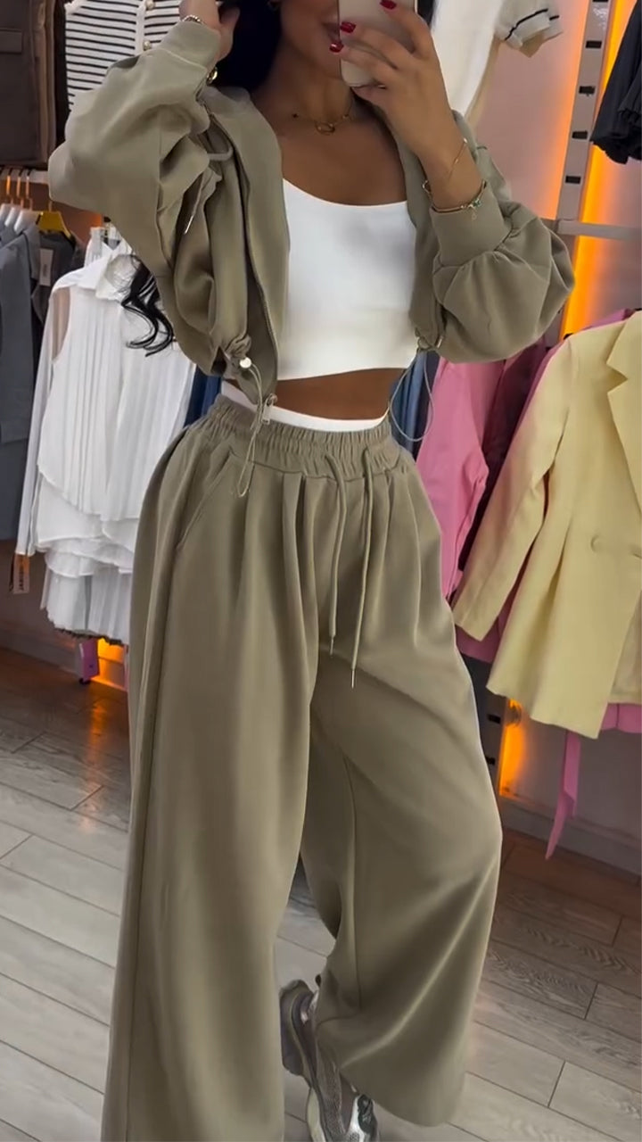 Ensemble décontracté pour femme, cardigan zippé à col rond et pantalon à cordon de serrage