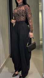 Ensemble pantalon et haut imprimé à col rond pour femme - Style décontracté et élégant