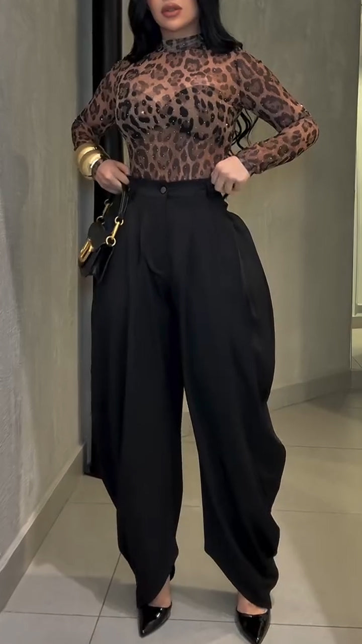 Ensemble pantalon et haut imprimé à col rond pour femme - Style décontracté et élégant