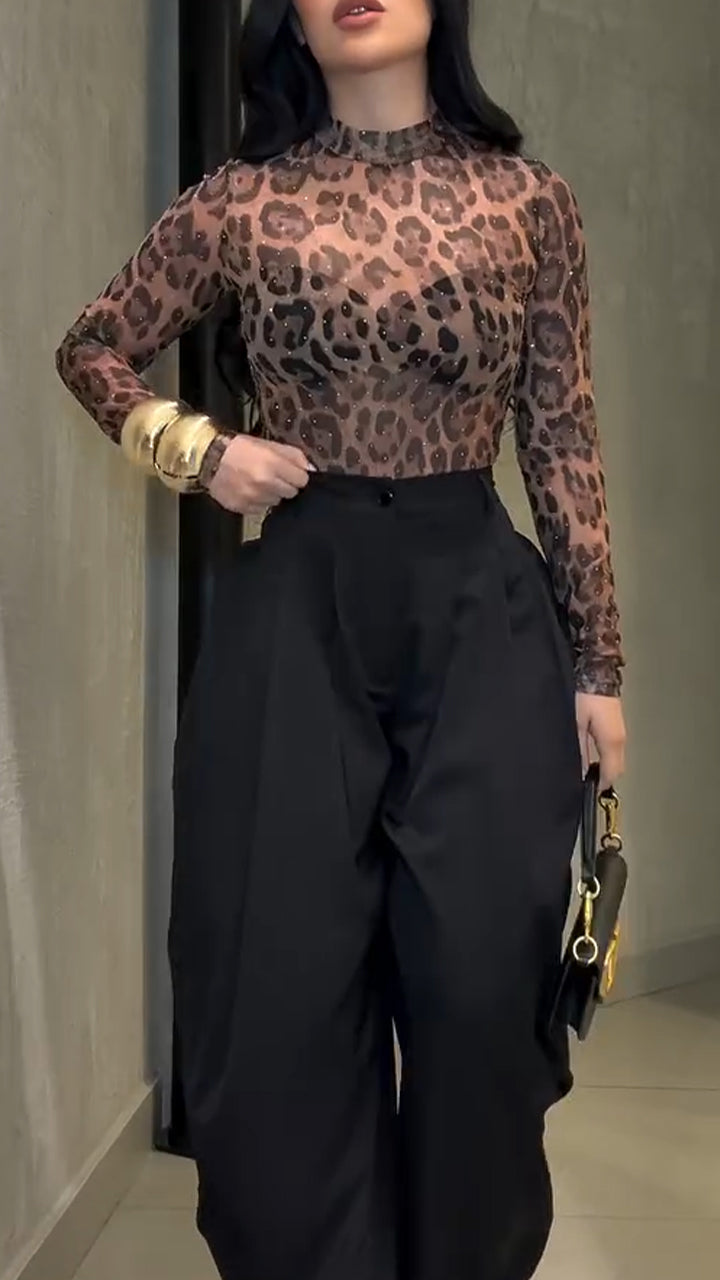 Ensemble pantalon et haut imprimé à col rond pour femme - Style décontracté et élégant