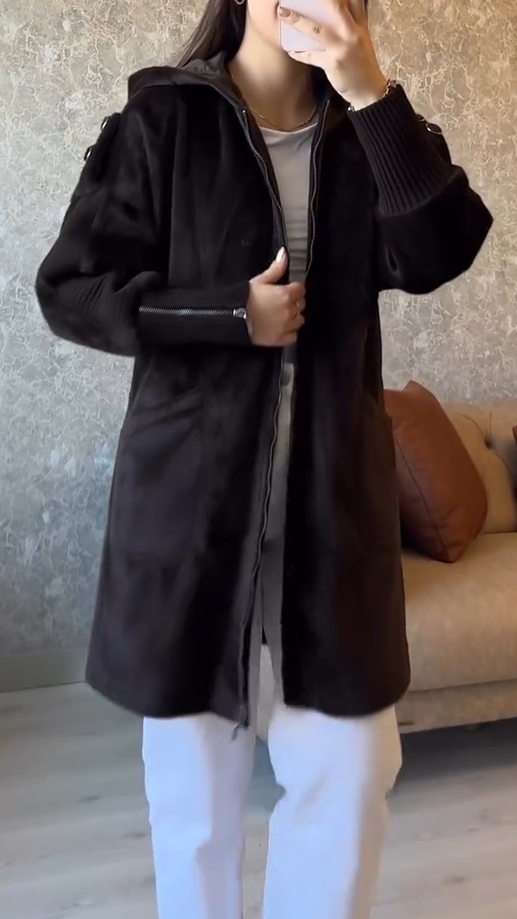 Manteau décontracté à capuche imprimé avec manches en tricot empiécé pour femme