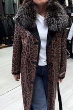 Manteau élégant pour femme en velours avec imprimé léopard, col en fourrure et laçage