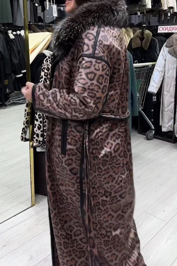 Manteau élégant pour femme en velours avec imprimé léopard, col en fourrure et laçage