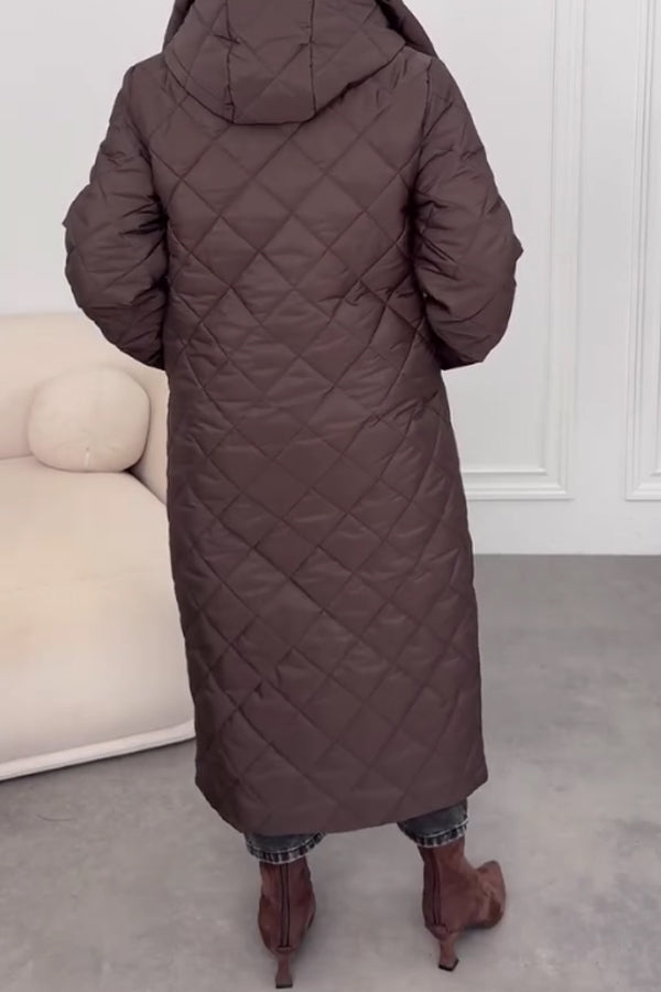 Manteau Long Chaud Confortable Décontracté à Capuche et Fermeture Boutonnée-Éclair pour Femme