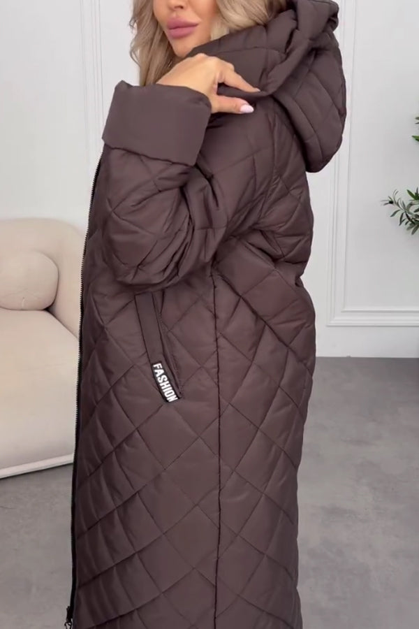 Manteau Long Chaud Confortable Décontracté à Capuche et Fermeture Boutonnée-Éclair pour Femme