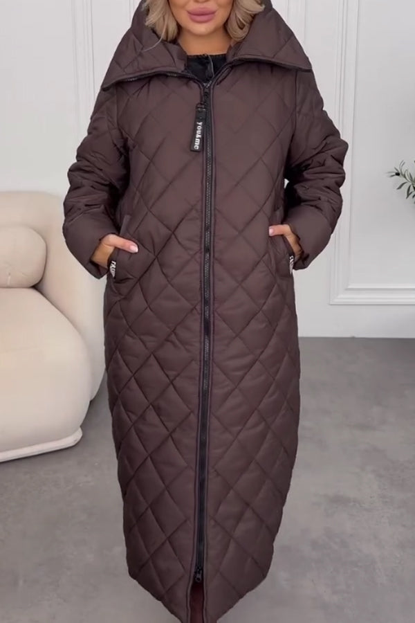 Manteau Long Chaud Confortable Décontracté à Capuche et Fermeture Boutonnée-Éclair pour Femme