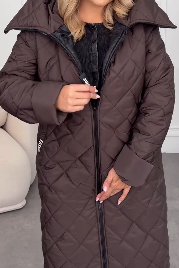 Manteau Long Chaud Confortable Décontracté à Capuche et Fermeture Boutonnée-Éclair pour Femme