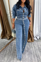 Ensemble en jean décontracté pour femme avec col et boucles contrastés