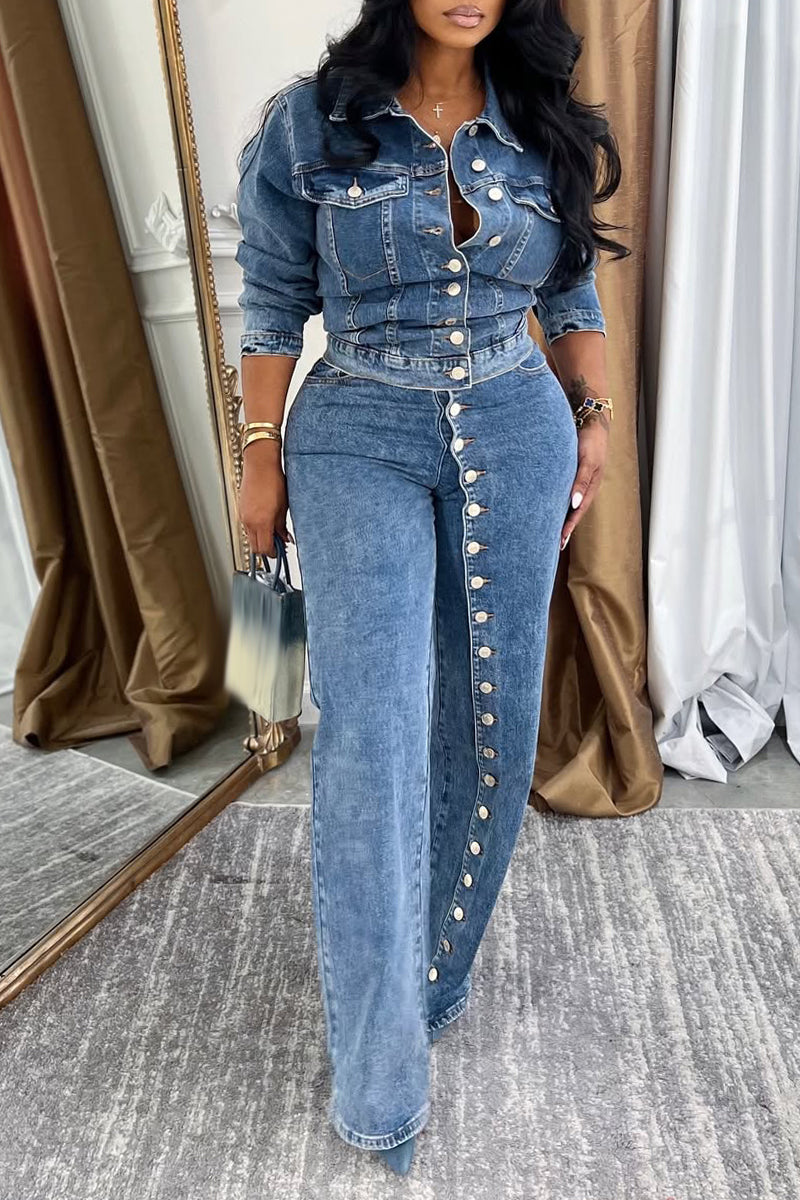 Ensemble en jean décontracté pour femme avec col et boucles contrastés