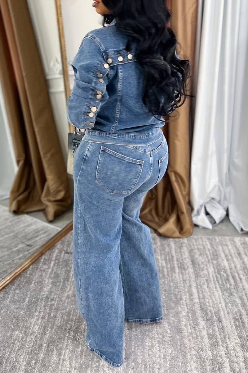 Ensemble en jean décontracté pour femme avec col et boucles contrastés