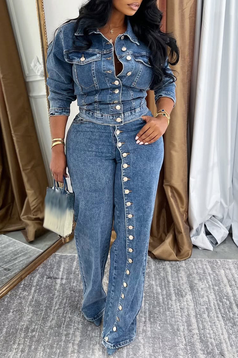 Ensemble en jean décontracté pour femme avec col et boucles contrastés