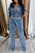 Ensemble en jean décontracté pour femme avec col et boucles contrastés