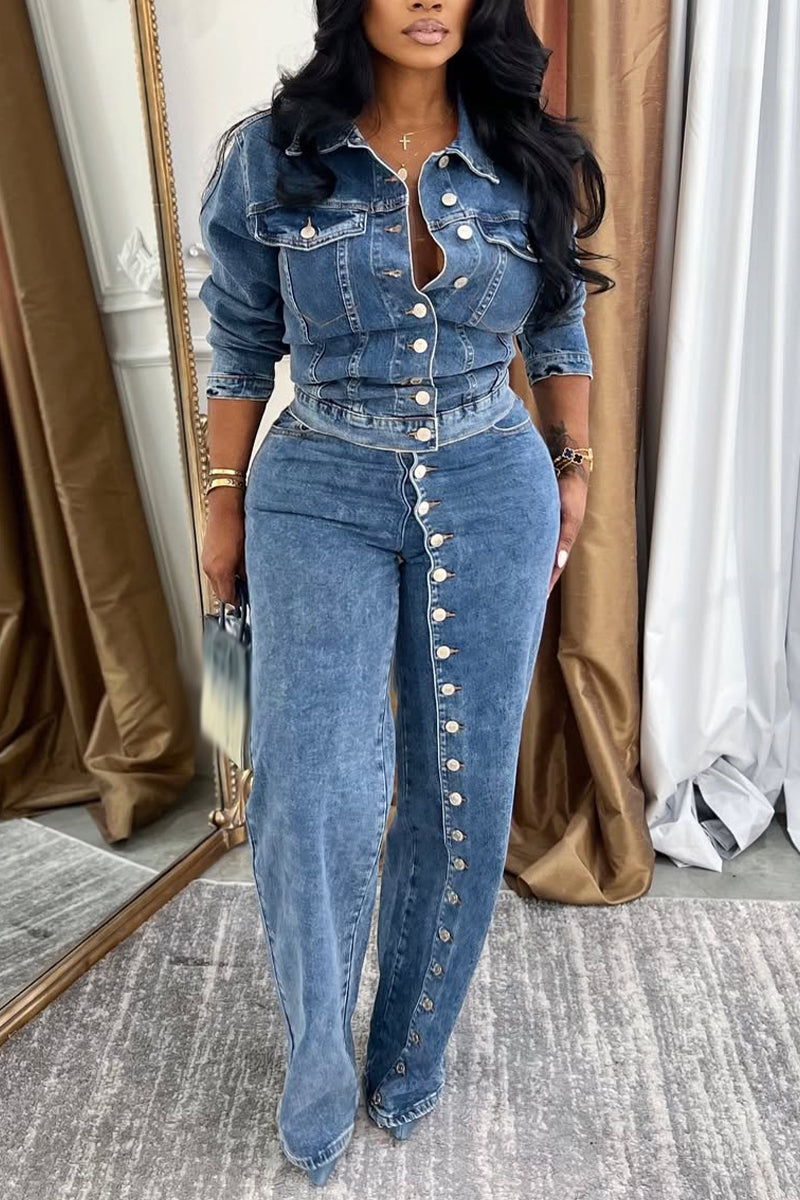 Ensemble en jean décontracté pour femme avec col et boucles contrastés