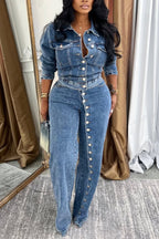 Ensemble en jean décontracté pour femme avec col et boucles contrastés