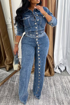 Ensemble en jean décontracté pour femme avec col et boucles contrastés