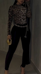 Ensemble féminin moulant col rond motif léopard (haut et pantalon) - Style tempérament
