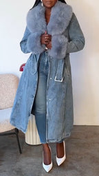 Manteau en jean décontracté pour femme avec col en fourrure et patchwork