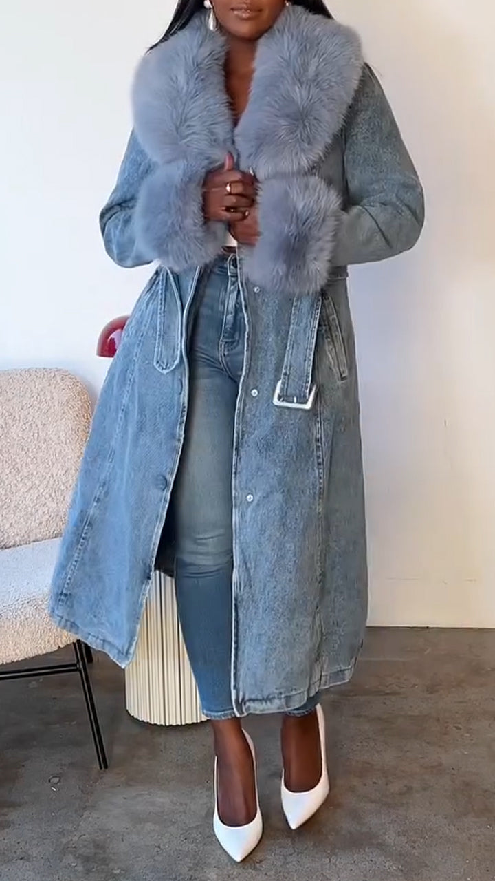 Manteau en jean décontracté pour femme avec col en fourrure et patchwork