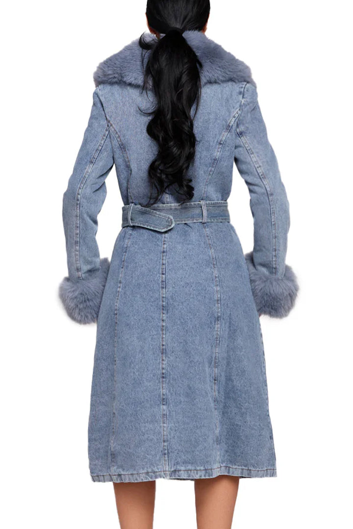 Manteau en jean décontracté pour femme avec col en fourrure et patchwork