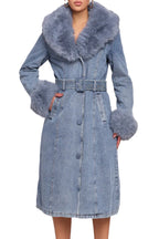 Manteau en jean décontracté pour femme avec col en fourrure et patchwork