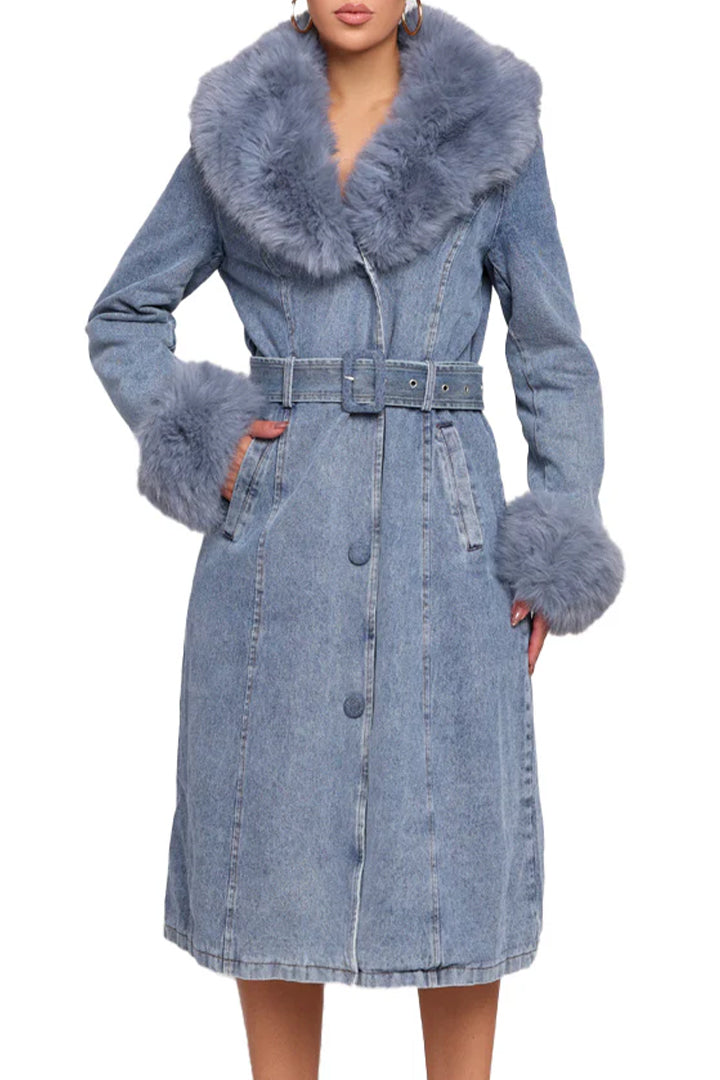 Manteau en jean décontracté pour femme avec col en fourrure et patchwork