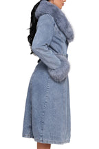 Manteau en jean décontracté pour femme avec col en fourrure et patchwork