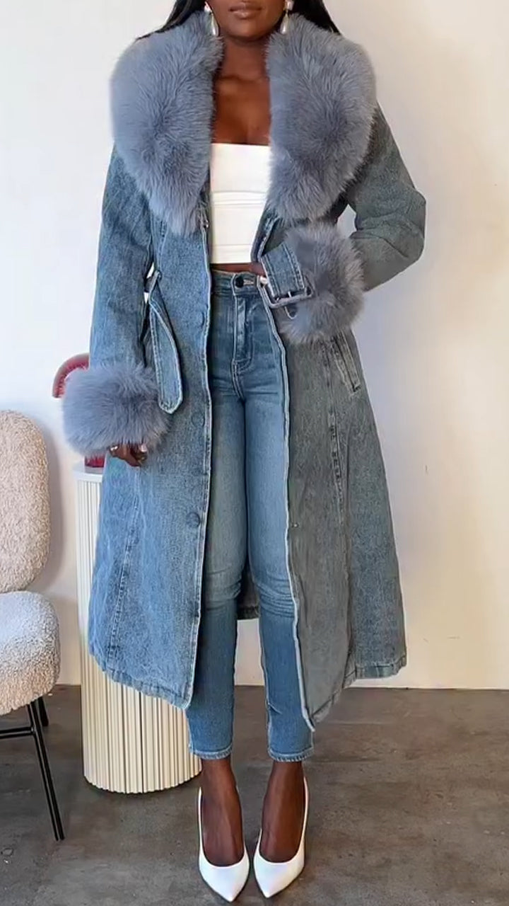 Manteau en jean décontracté pour femme avec col en fourrure et patchwork