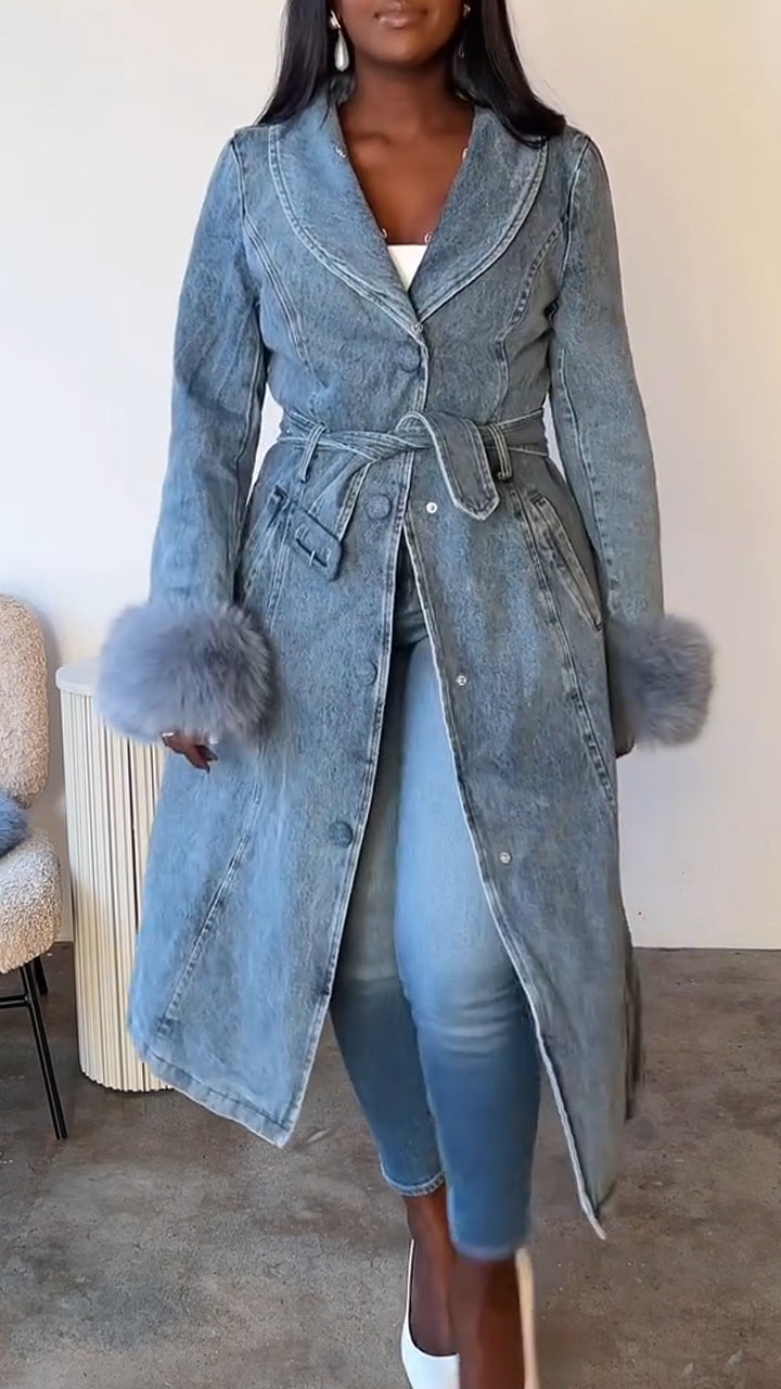 Manteau en jean décontracté pour femme avec col en fourrure et patchwork
