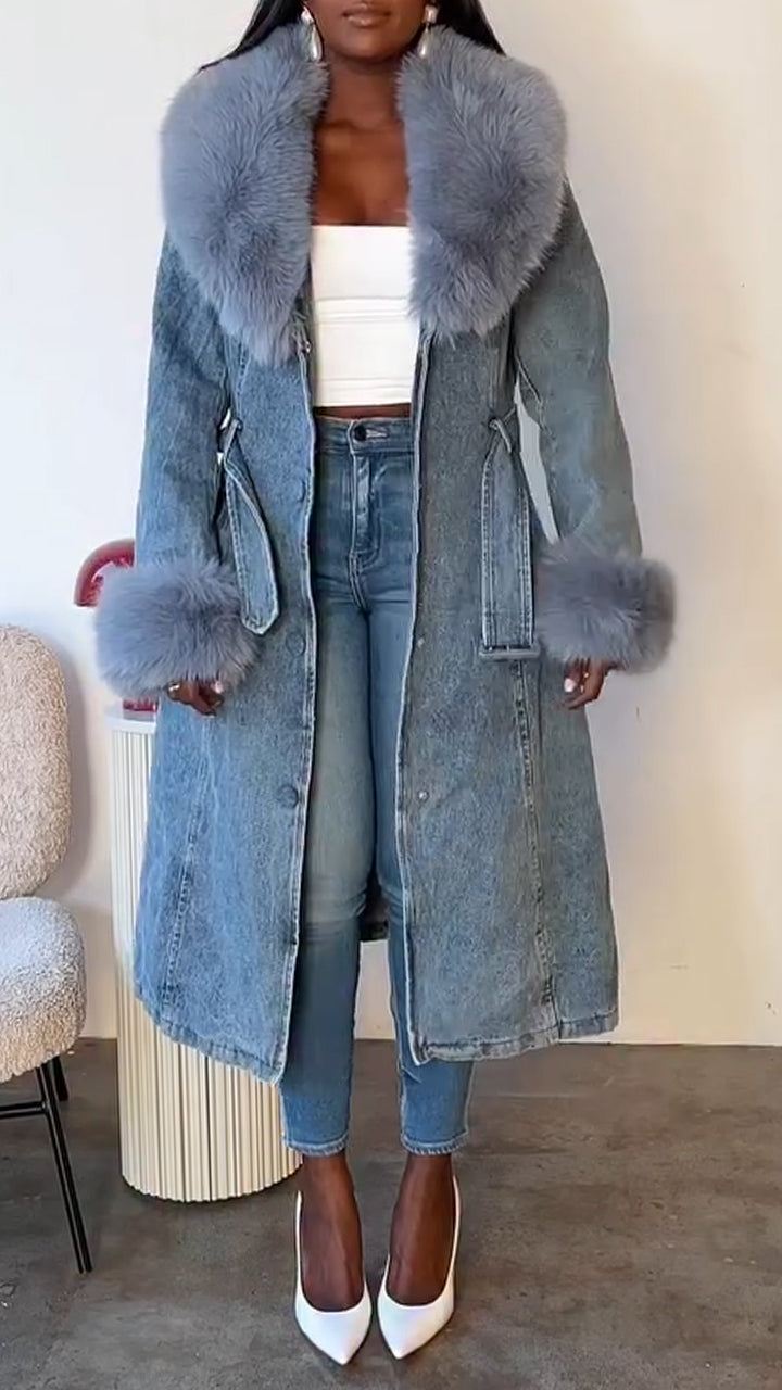 Manteau en jean décontracté pour femme avec col en fourrure et patchwork