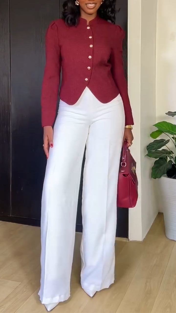 Ensemble décontracté pour femme, top boutonné à col rond et pantalon