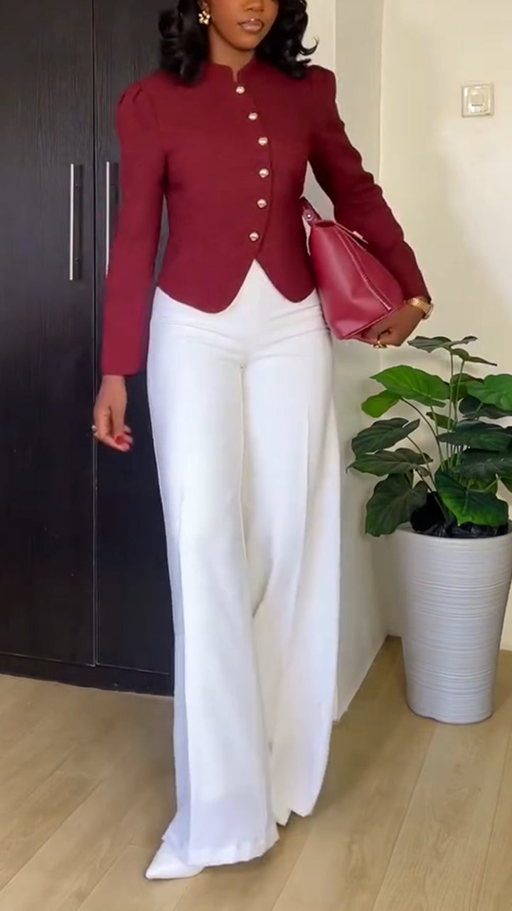 Ensemble décontracté pour femme, top boutonné à col rond et pantalon