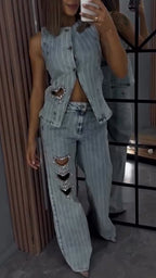Ensemble décontracté en jean avec strass et estampe à chaud en forme de cœur, col rond pour femme