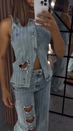 Ensemble décontracté en jean avec strass et estampe à chaud en forme de cœur, col rond pour femme