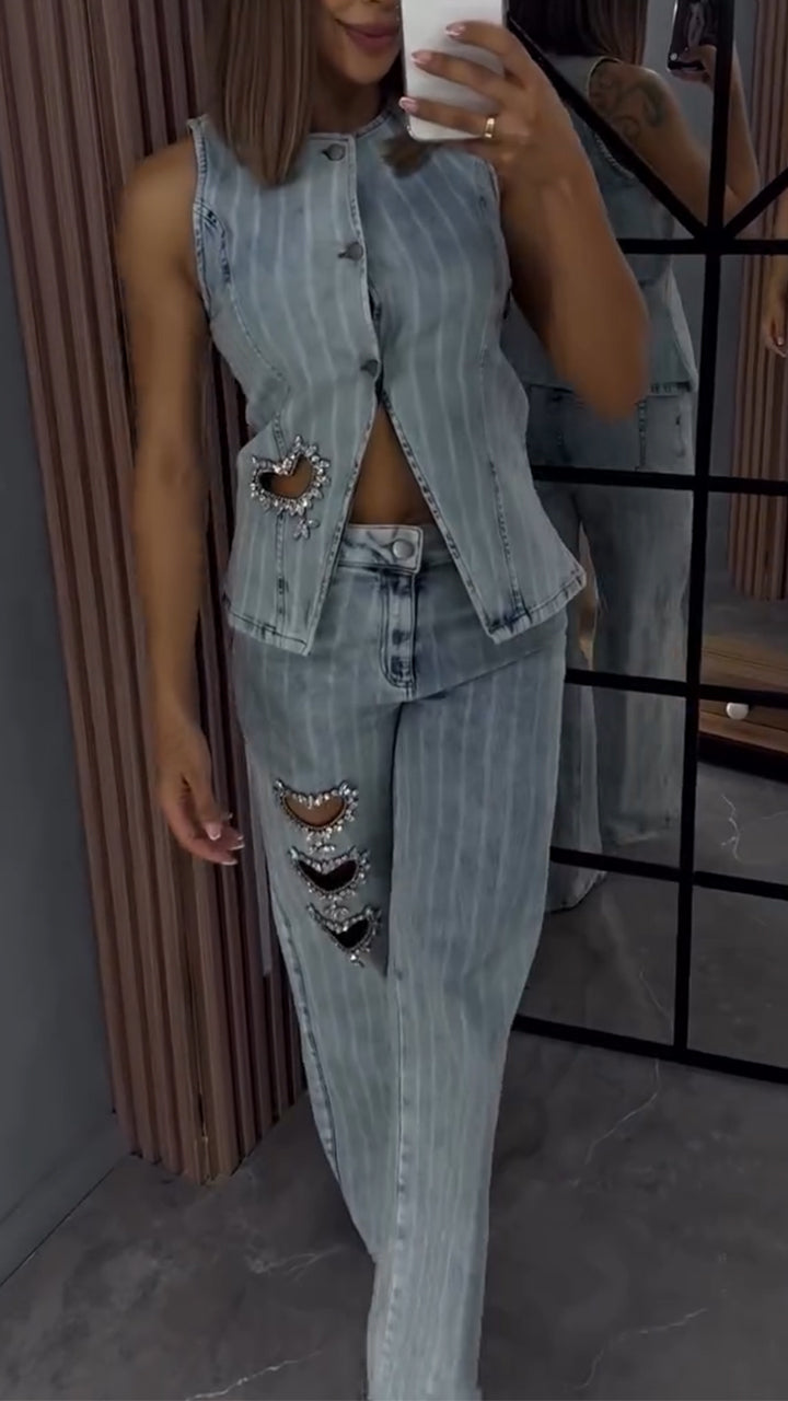 Ensemble décontracté en jean avec strass et estampe à chaud en forme de cœur, col rond pour femme