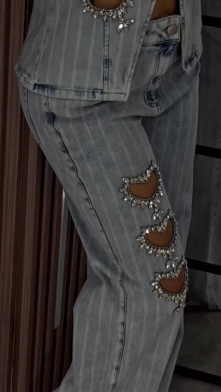 Ensemble décontracté en jean avec strass et estampe à chaud en forme de cœur, col rond pour femme